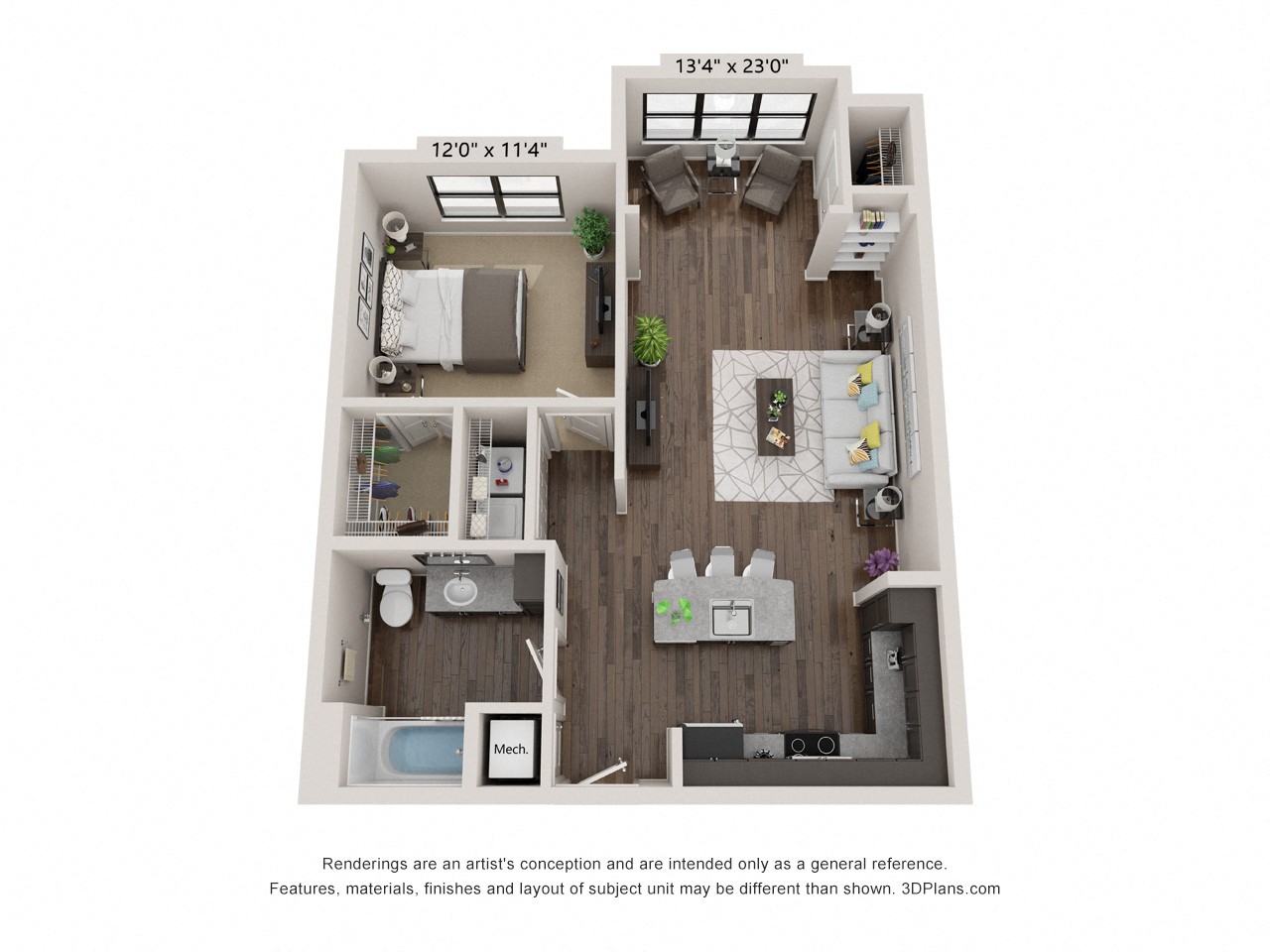 Floor plan for 1 bed, 1 bath, 820 sqft